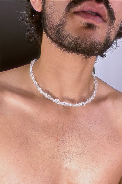 A close chain strung with uncut organic shaped Herkimer diamonds forming an ethereal crystal necklace. 