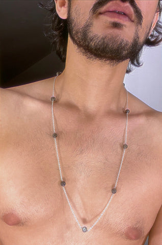 A labrodorite bead necklace strung in silver. 